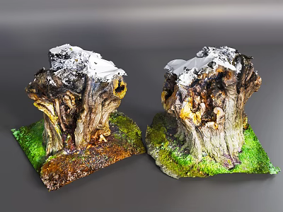 Two Decorative Arbor Stumps Snow Covered With Green Grass Base And Detailed Textured Bark 3d model