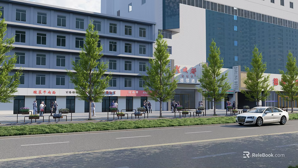 Vibrant Commercial Street With Modern Multi Story Buildings Red Signs Trees And Pedestrians 3d model 