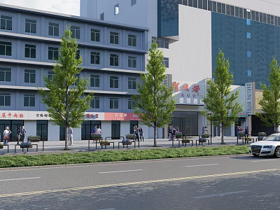 Vibrant Commercial Street With Modern Multi Story Buildings Red Signs Trees And Pedestrians 3d model