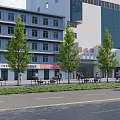 Vibrant Commercial Street With Modern Multi Story Buildings Red Signs Trees And Pedestrians