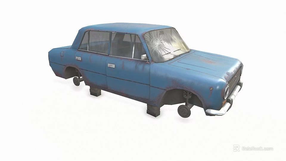 Abandoned Blue Vintage Car With Rusty Worn Body And Cracked Windshield 3d model 
