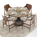 Round Dining Table Set with Wooden Chairs Upholstered Seats and Tableware Fruit Decorations 3d model