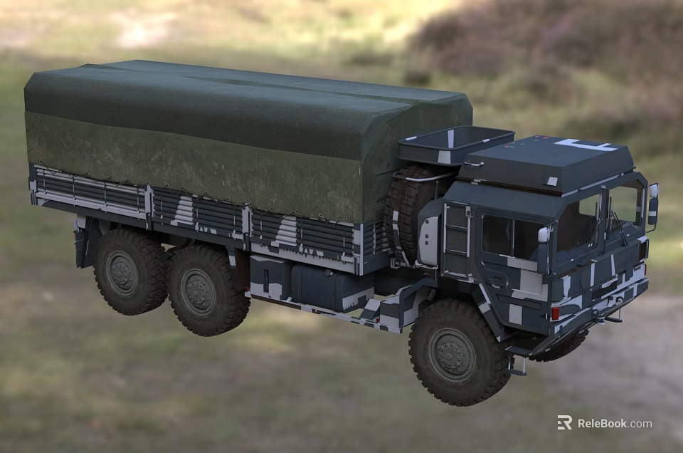 Military Truck With Camouflage Design And Covered Cargo Area In Rural Terrain 3d model 