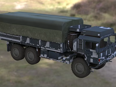 Military Truck With Camouflage Design And Covered Cargo Area In Rural Terrain 3d model