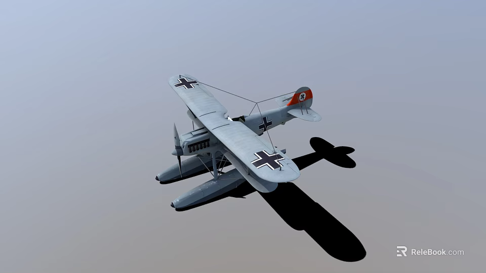 Vintage Biplane Seaplane With Floats Cross Insignia And Red Tail Markings 3d model 