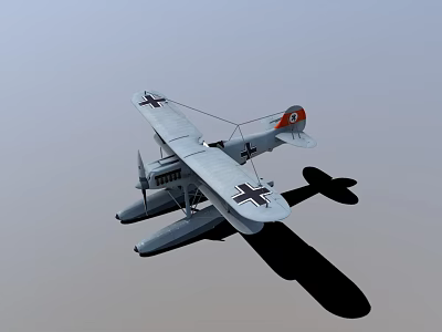 Vintage Biplane Seaplane With Floats Cross Insignia And Red Tail Markings 3d model