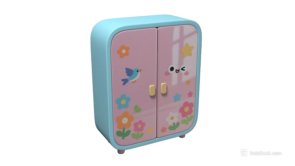 Cute Pink Light Blue Kids Wardrobe with Cartoon Bird Star Flowers Smiling Face and Wheels 3d model 