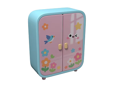 Cute Pink Light Blue Kids Wardrobe with Cartoon Bird Star Flowers Smiling Face and Wheels 3d model