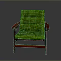 Comfortable Green Padded Chair With Red Wooden Armrests And Legs