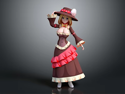 Cartoon Style 3D Female Character With Brown Pink Ruffled Dress Corset And Flower Hat 3d model
