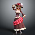 Cartoon Style 3D Female Character With Brown Pink Ruffled Dress Corset And Flower Hat