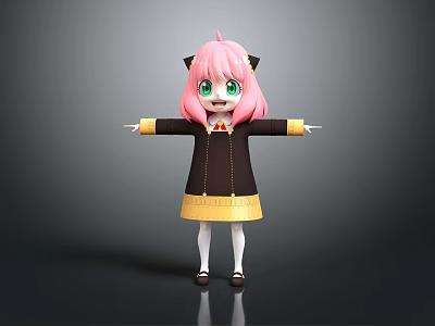 Game And Movie Character With Pink Hair Green Eyes Cat Ears In Black Yellow Dress Arms Outstretched 3d model