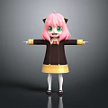 Game And Movie Character With Pink Hair Green Eyes Cat Ears In Black Yellow Dress Arms Outstretched