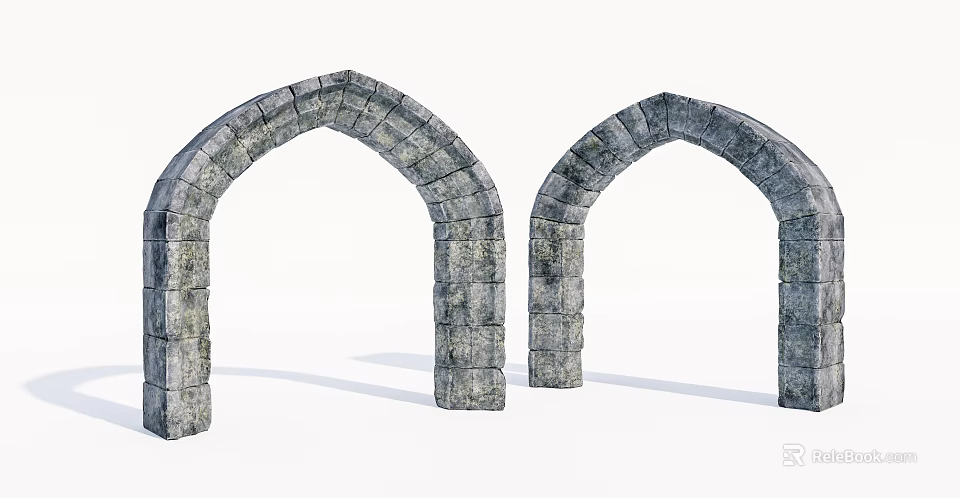 Two Classic Stone Arches Featuring Ancient Masonry Design and Gray Brick Structure 3d model