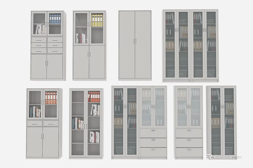 Various Styles Of Bookcases With Glass Doors Drawers And Storage For Files Books 3d model 