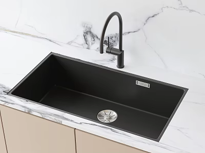 Sleek Black Undermount Kitchen Sink With Modern Faucet On Marble Countertop 3d model