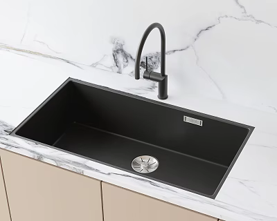 Sleek Black Undermount Kitchen Sink With Modern Faucet On Marble Countertop 3d model