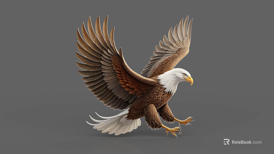 Bald Eagle With Spread Wings Flying Posture Brown Feathers White Head And Yellow Beak 3d model 