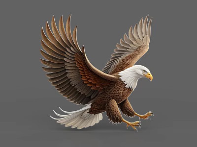 Bald Eagle With Spread Wings Flying Posture Brown Feathers White Head And Yellow Beak 3d model