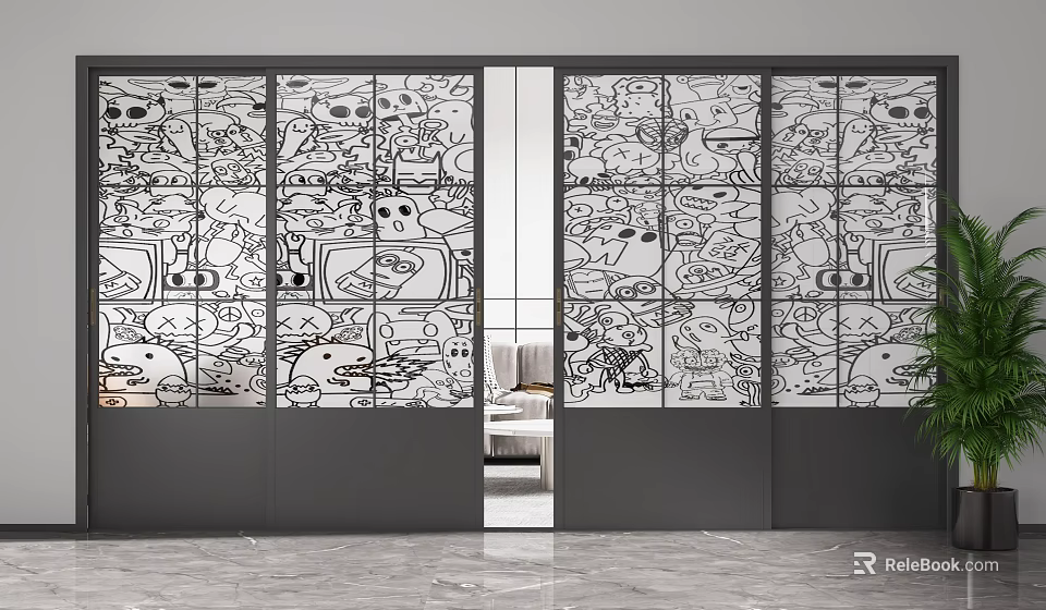 Modern Glass Sliding Doors Featuring Cartoon Patterns For Interior Partition Design 3d model 
