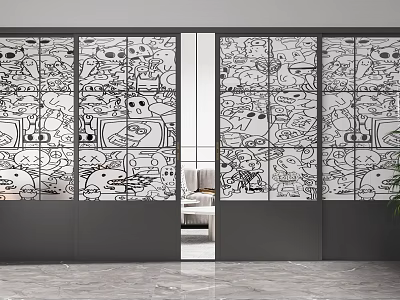 Modern Glass Sliding Doors Featuring Cartoon Patterns For Interior Partition Design 3d model