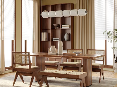 Modern Minimalist Restaurant Interior With Wooden Dining Table Chairs Bench Pendant Lights And Natural Light 3d model