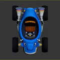 Blue Go Kart With Orange Seats Large Red Rim Tires And Silver Exhaust Pipes