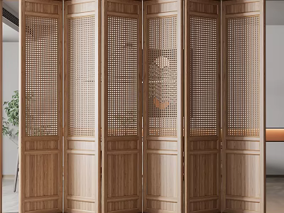 Traditional Natural Wooden Folding Doors With Intricate Lattice Design In Interior Space 3d model