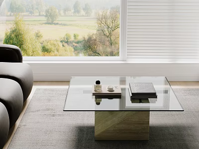 Modern Glass Top Coffee Table With Wooden Base Living Room Sofa Rug And Scenic View 3d model