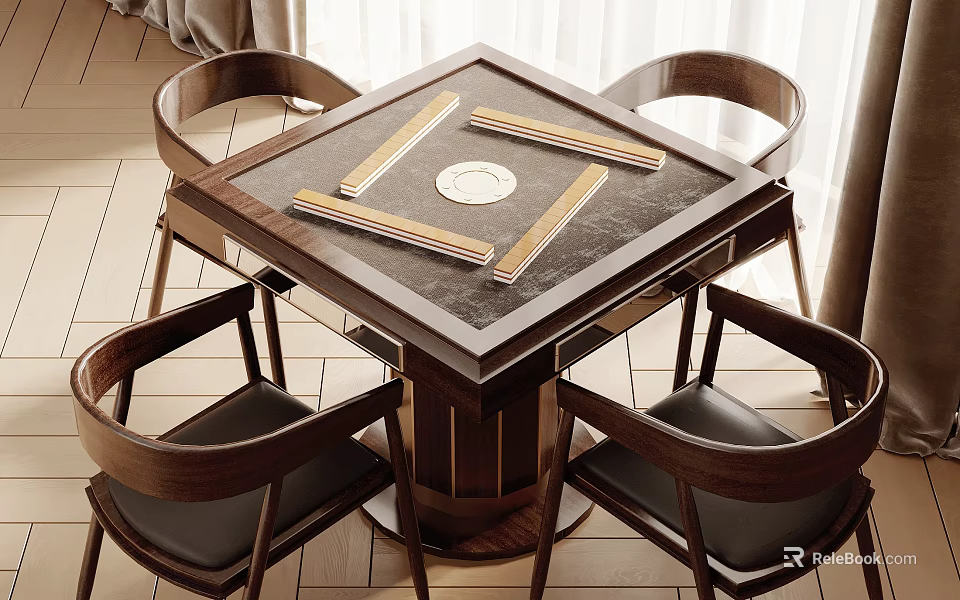 Modern Square Entertainment Table With Mahjong Tiles And Four Wooden Chairs With Black Cushions 3d model 