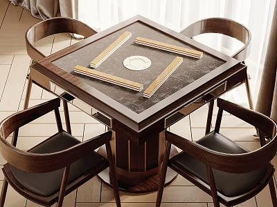 Modern Square Entertainment Table With Mahjong Tiles And Four Wooden Chairs With Black Cushions 3d model