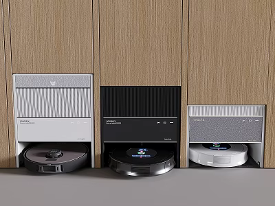 Smart Robotic Vacuum Cleaners Integrated in Wooden Wall Storage Niches for Modern Home Interior 3d model