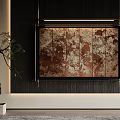 Decorative Painting On Dark Wooden Wall With Golden Brown Texture And Green Plant White Planter