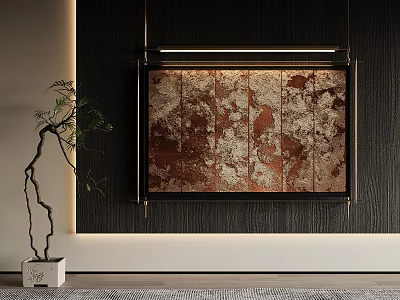 Decorative Painting On Dark Wooden Wall With Golden Brown Texture And Green Plant White Planter 3d model