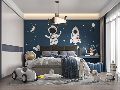 Kids Room Interior with Starry Wall Astronaut Rocket Bed Chandelier and Toys 3d model
