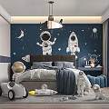 Kids Room Interior with Starry Wall Astronaut Rocket Bed Chandelier and Toys