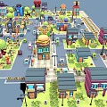 Colorful Cartoon Town Buildings In Various Styles With Streets Cars And Trees