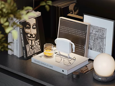 Stylish Decorative Ornament Collection With Books Photo Frames Lamp And Glass Cup 3d model