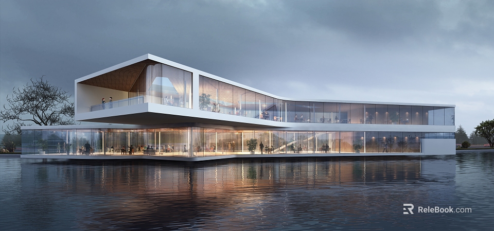 Modern Waterfront Building With Glass Facade Terrace And Reflective Water View 3d model 