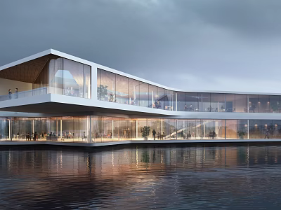 Modern Waterfront Building With Glass Facade Terrace And Reflective Water View 3d model