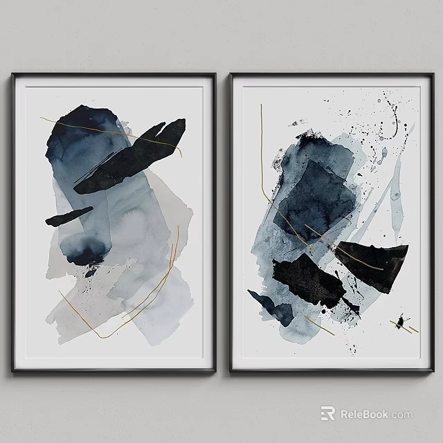 Modern Frames With Abstract Ink Paintings Dark Blue Black Gray Gold Lines 3d model 