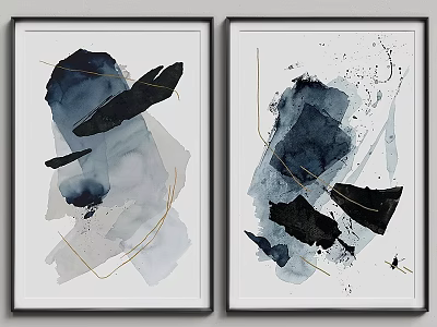 Modern Frames With Abstract Ink Paintings Dark Blue Black Gray Gold Lines 3d model