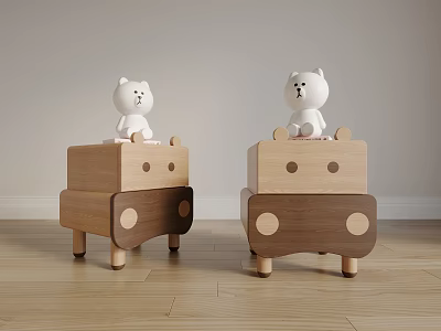 Wooden Cartoon Car Shaped Bedside Tables With White Bear Dolls On Top 3d model