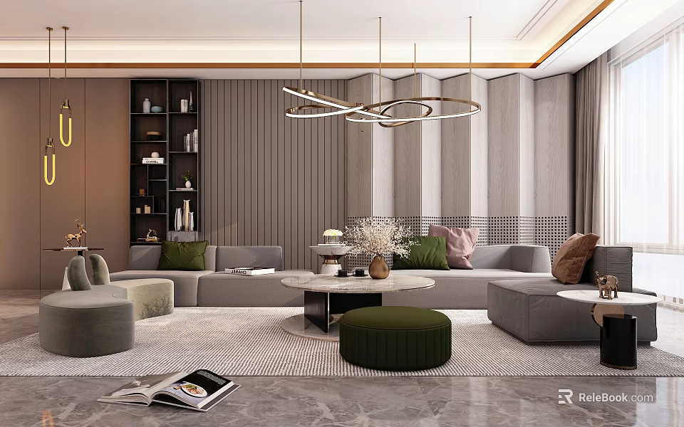 Modern Elegant Sofa Coffee Table Combination Living Room With Decorative Pillows Chandelier And Area Rug 3d model 