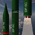 Green Missile Flying With Rocket Exhaust Over Ocean And Land Under Cloudy Sky