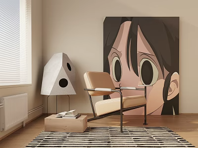 Beige Leisure Chair With Metal Frame Wooden Side Table And Anime Wall Art On Striped Rug 3d model