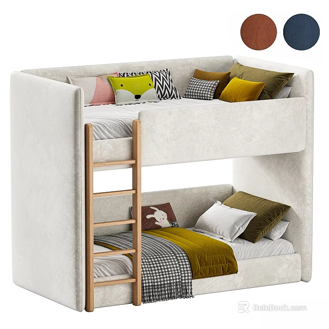 Kids Bunk Bed With White Frame Wooden Ladder And Colorful Pillows 3d model 