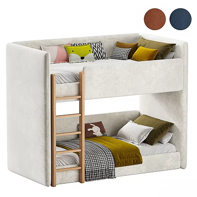 Kids Bunk Bed With White Frame Wooden Ladder And Colorful Pillows 3d model