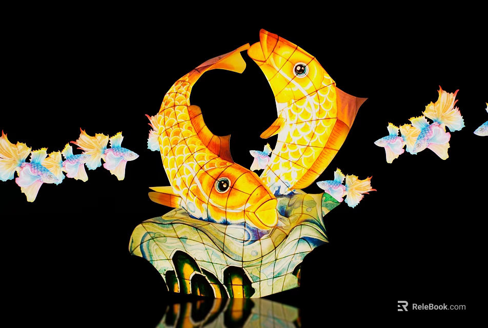 Illuminated Landscape Sculpture With Two Golden Koi Fish Curved Bodies And Butterfly Decorations 3d model 
