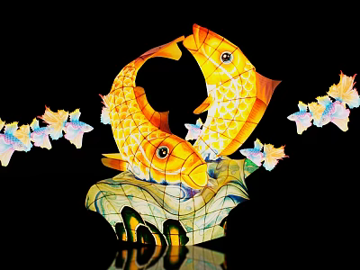 Illuminated Landscape Sculpture With Two Golden Koi Fish Curved Bodies And Butterfly Decorations 3d model